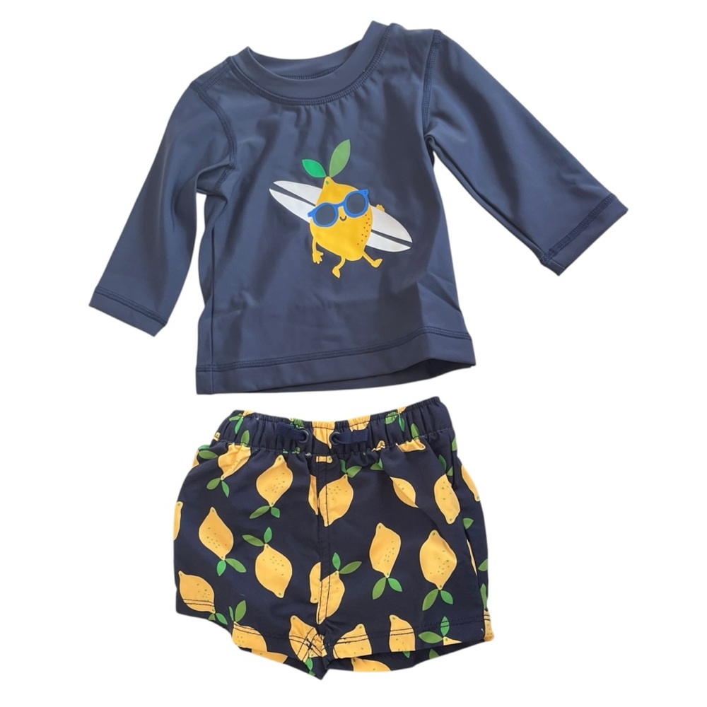 NEW Hanna Andersson Baby Graphic Rash Guard Top and Board Shorts Set Lemons 3-6m